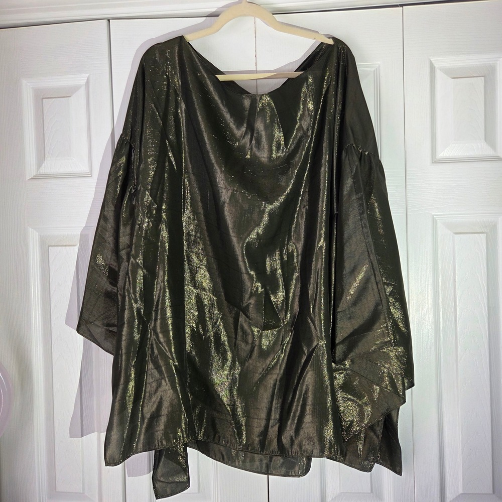 Marina Rinaldi Frappa Blouse Women 24W Green Metallic Oversized Cape Top $555
